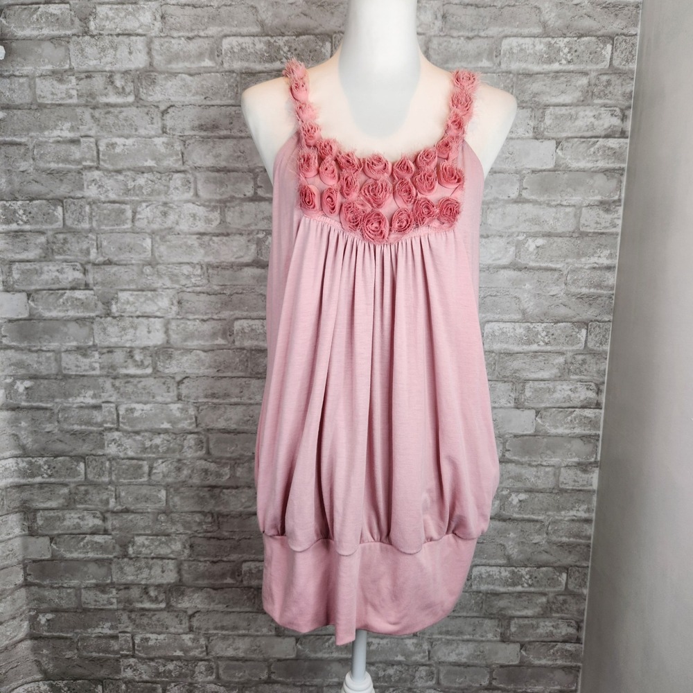 Lilly Lou Tank Top 3D Rose Floral Applique Bubble Hem Pink Large
